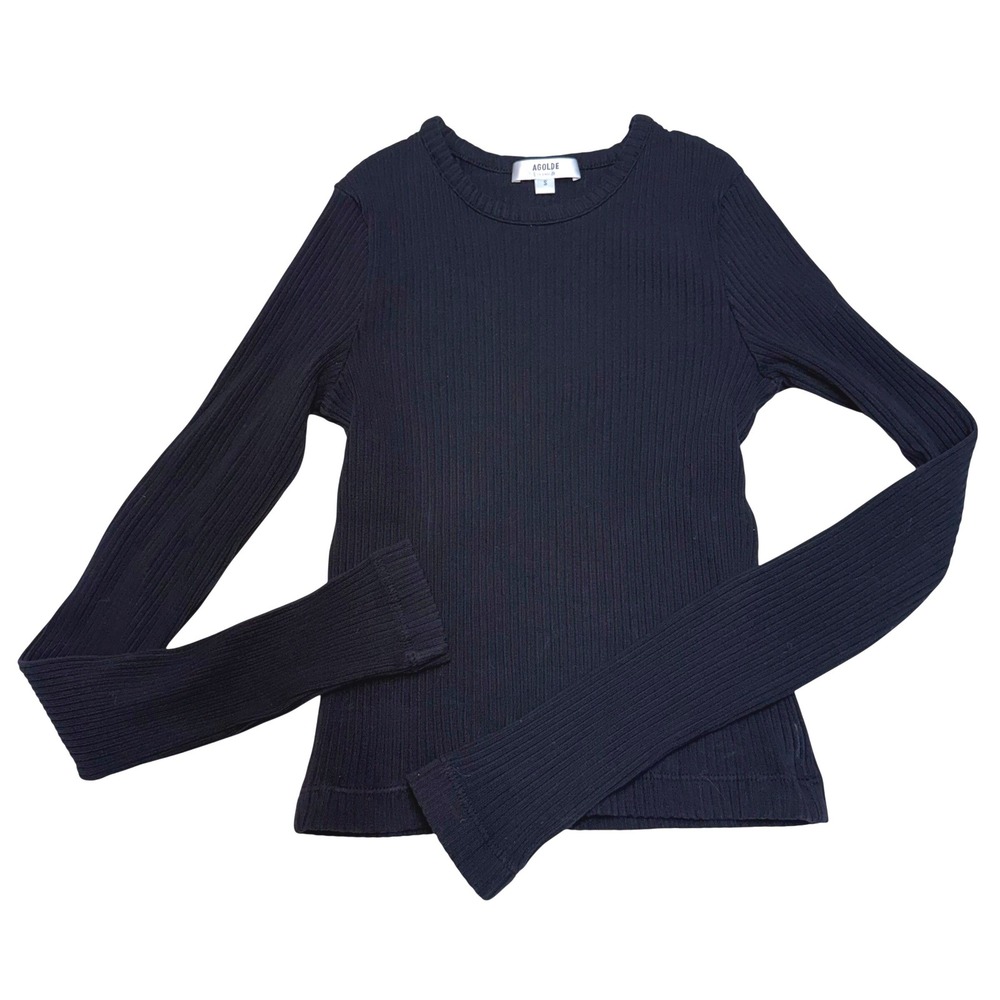Agolde Alma Shrunken Crew Long‎ Sleeve Ribbed Top Black Organic Cotton